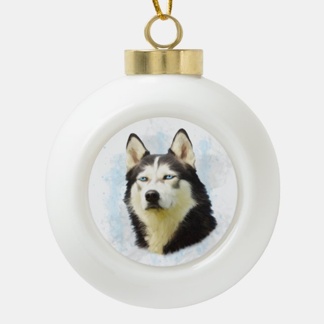 Siberian Husky Dog Water Colour Art Ceramic Ball Christmas Ornament (Front)