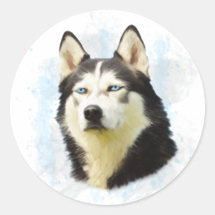 Siberian Husky Dog Water Colour Art Painting Classic Round Sticker