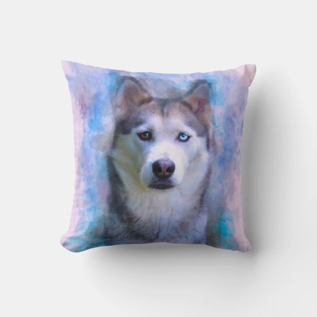 Siberian Husky Dog Water Colour Art Painting Cushion (Front)
