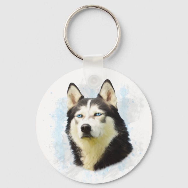 Siberian Husky Dog Water Colour Art Painting Key Ring (Front)
