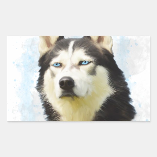 Siberian Husky Dog Water Colour Art Painting Rectangular Sticker (Front)