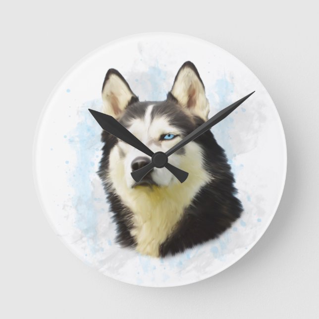 Siberian Husky Dog Water Colour Art Painting Round Clock (Front)