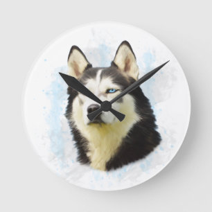 Siberian Husky Dog Water Colour Art Painting Round Clock