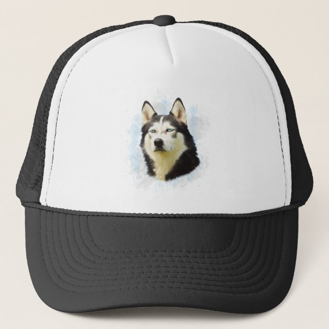 Siberian Husky Dog Water Colour Art Painting Trucker Hat (Front)