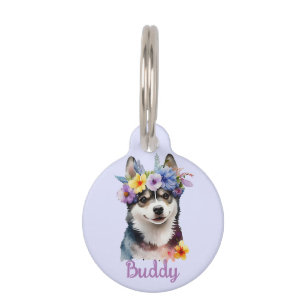 Siberian Husky Dog Watercolor Flower Round Pet Tag
