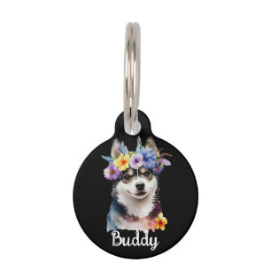 SIBERIAN Husky Dog Watercolor Flower Round Pet Tag