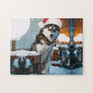 Siberian Husky dog wearing santa hat Jigsaw Puzzle