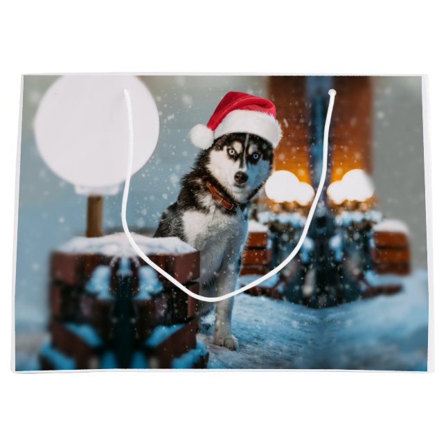 Siberian Husky dog wearing santa hat Large Gift Bag (Front)