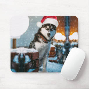 Siberian Husky dog wearing santa hat Mouse Mat