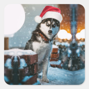 Siberian Husky dog wearing santa hat Square Sticker
