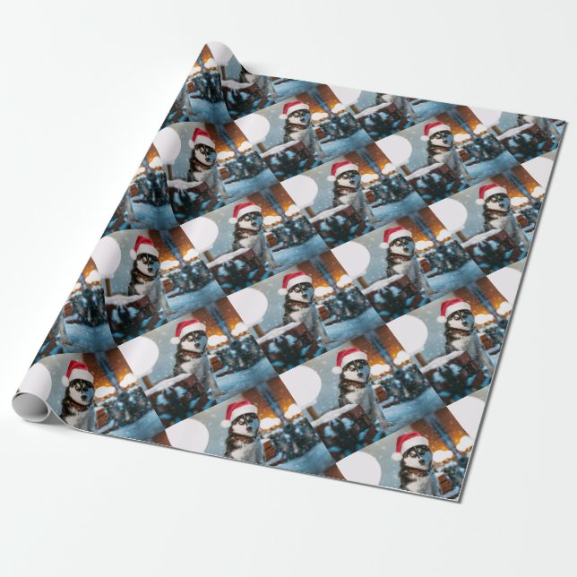 Siberian Husky dog wearing santa hat Wrapping Paper (Unrolled)