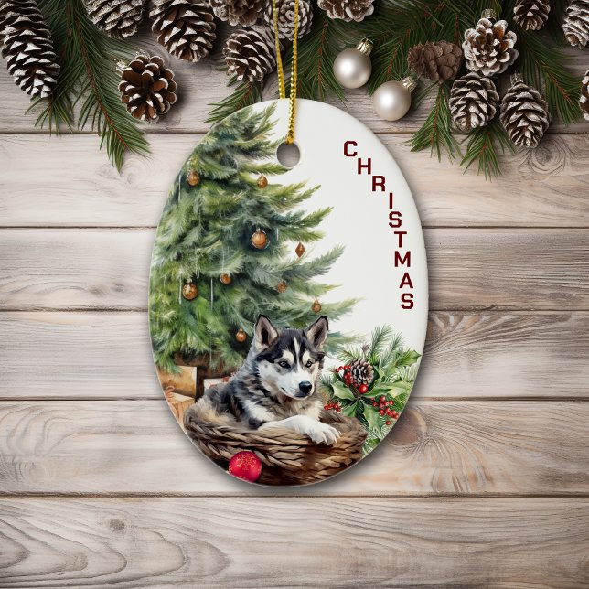 Siberian Husky Dog Wicker Basket Christmas Ceramic Tree Decoration (Creator Uploaded)