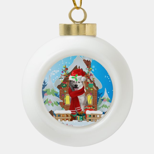 Siberian Husky dog with Christmas gifts Ceramic Ball Christmas Ornament (Front)