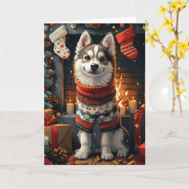 Siberian Husky Dog With Christmas Gifts Fireplace Card (Yellow Flower)