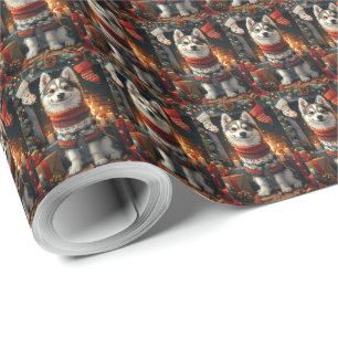 Siberian Husky Dog With Christmas Gifts Fireplace Wrapping Paper
