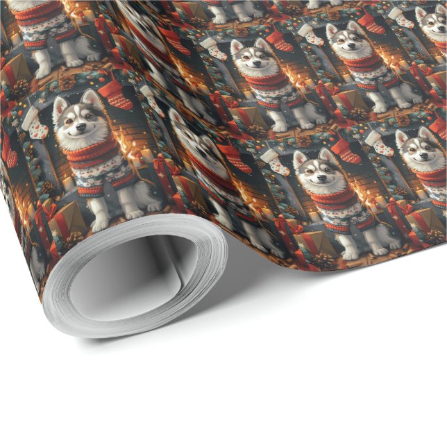 Siberian Husky Dog With Christmas Gifts Fireplace Wrapping Paper (Roll Corner)