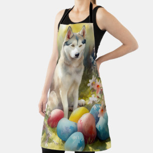 Siberian Husky Dog with Easter Eggs Holiday Apron