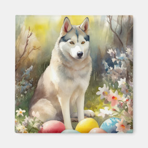 Siberian Husky Dog with Easter Eggs Holiday Magnet
