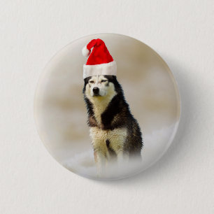 Siberian Husky Dog with Santa Hat in Snow 6 Cm Round Badge