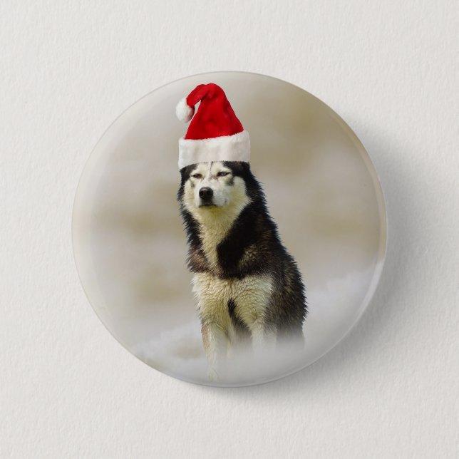 Siberian Husky Dog with Santa Hat in Snow 6 Cm Round Badge (Front)