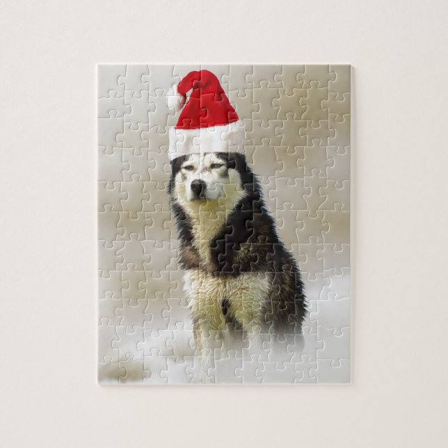 Siberian Husky Dog with Santa Hat in Snow Jigsaw Puzzle (Vertical)