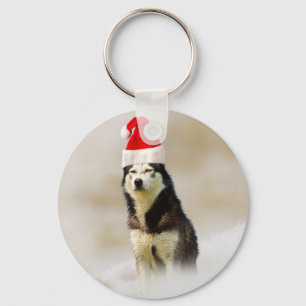 Siberian Husky Dog with Santa Hat in Snow Key Ring