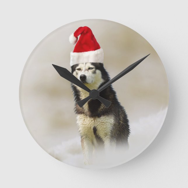 Siberian Husky Dog with Santa Hat in Snow Round Clock (Front)