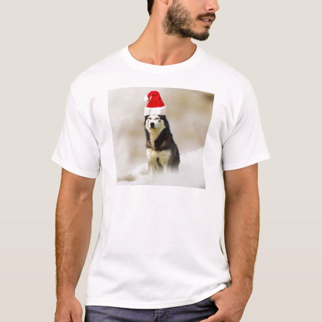 Siberian Husky Dog with Santa Hat in Snow T-Shirt (Front)