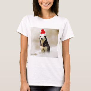 Siberian Husky Dog with Santa Hat in Snow T-Shirt