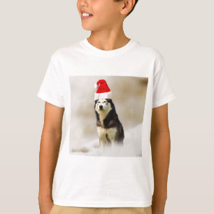 Siberian Husky Dog with Santa Hat in Snow T-Shirt