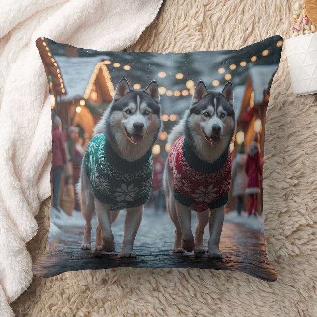 Siberian Husky Dogs Christmas Snow Holiday  Cushion (Blanket)