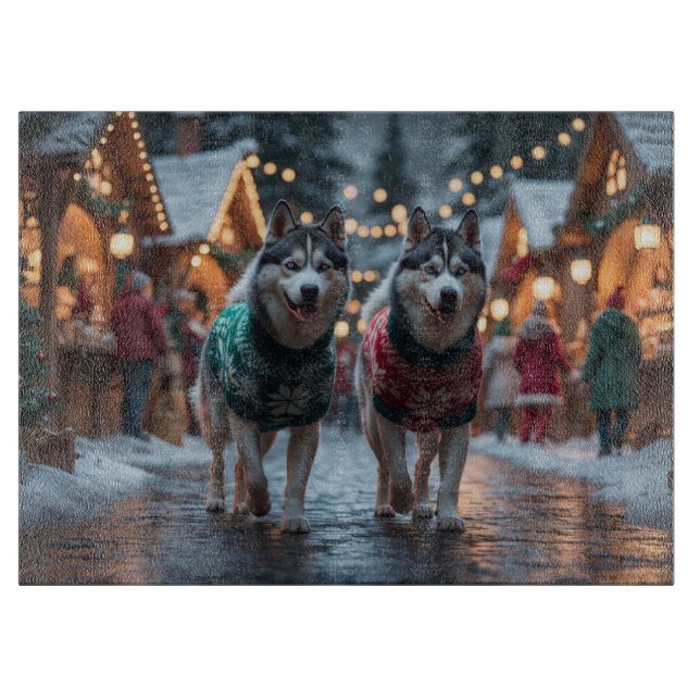 Siberian Husky Dogs Christmas Snow Holiday  Cutting Board (Front)