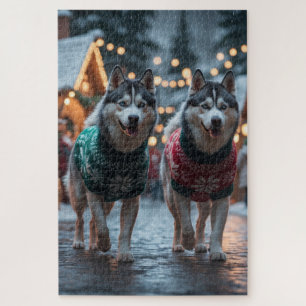 Siberian Husky Dogs Christmas Snow Holiday  Jigsaw Puzzle