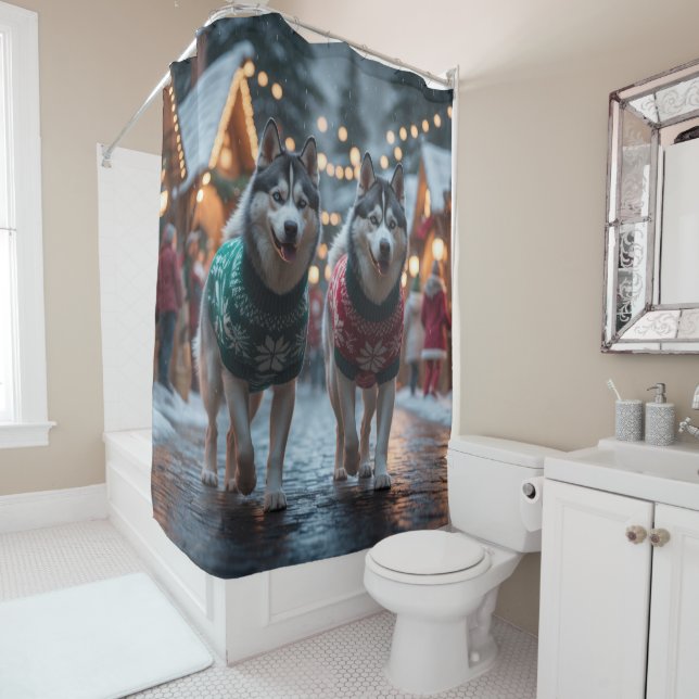 Siberian Husky Dogs Christmas Snow Holiday  Shower Curtain (In Situ)