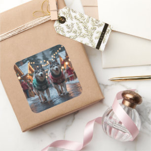 Siberian Husky Dogs Christmas Snow Holiday  Square Sticker