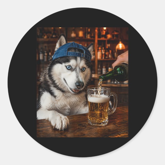 Siberian Husky Drinking Beer Funny Dog Meme Classic Round Sticker (Front)