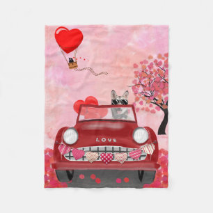 Siberian Husky Driving Car with Hearts  Fleece Blanket
