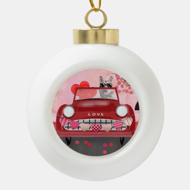 Siberian Husky Driving Car with Hearts Valentine's Ceramic Ball Christmas Ornament (Front)