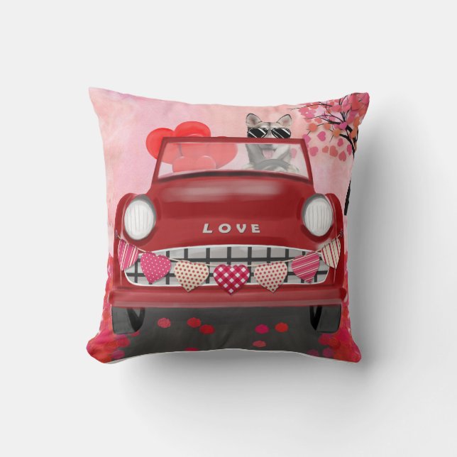 Siberian Husky Driving Car with Hearts Valentine's Cushion (Front)