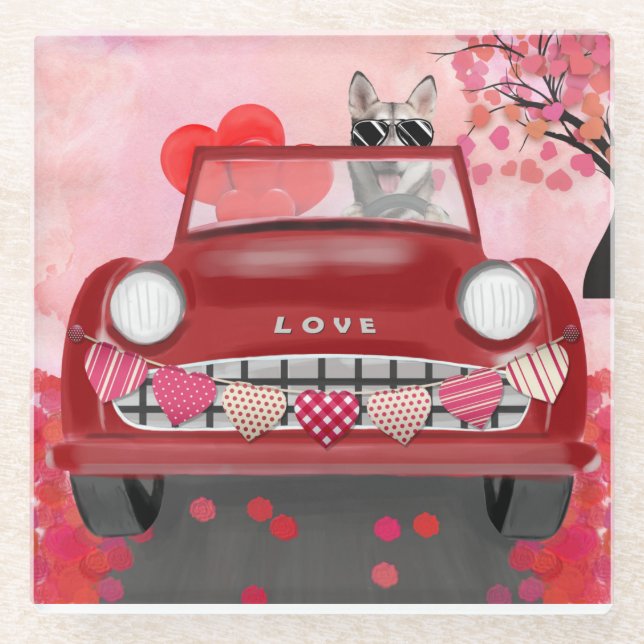 Siberian Husky Driving Car with Hearts Valentine's Glass Coaster (Front)