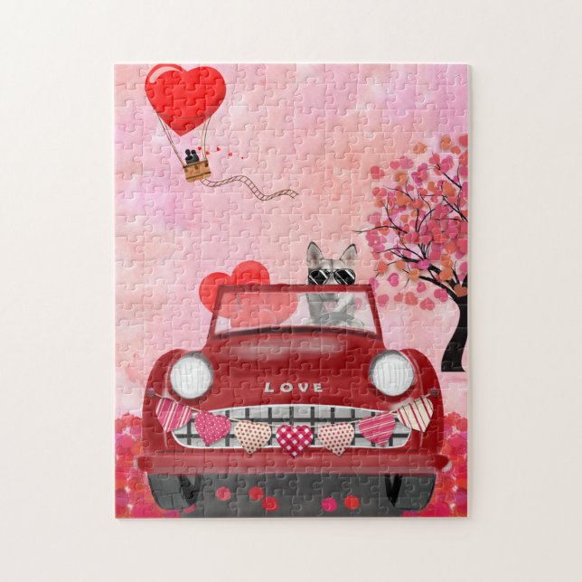 Siberian Husky Driving Car with Hearts Valentine's Jigsaw Puzzle (Vertical)