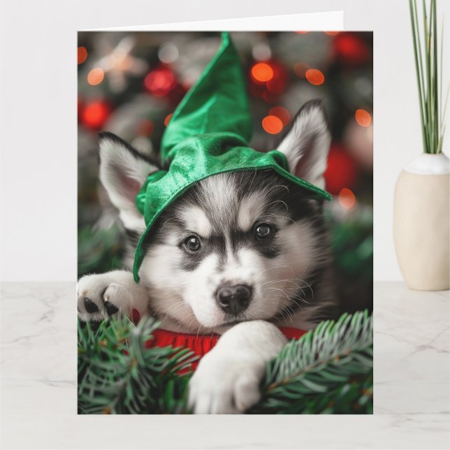 Siberian Husky Elf Puppy Christmas Card  (Front)