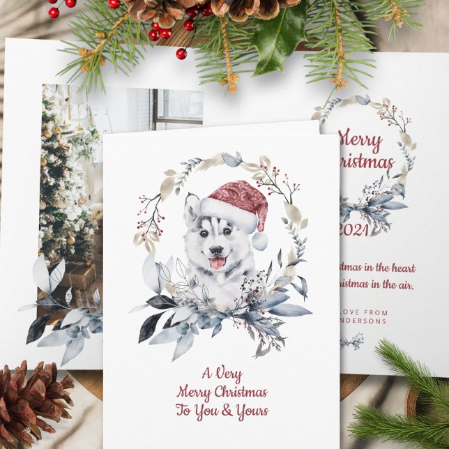 Siberian Husky Family One Photo Merry Christmas Holiday Card (Creator Uploaded)
