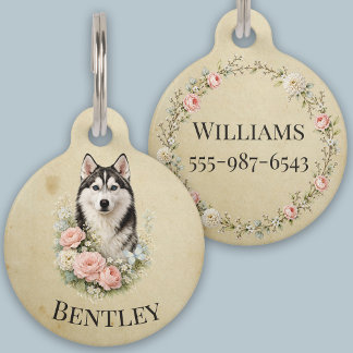 Siberian Husky Floral Portrait Pet Tag