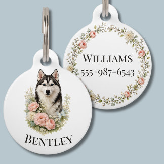 Siberian Husky Floral Portrait Pet Tag