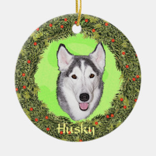 Siberian Husky For Xmas Ceramic Tree Decoration