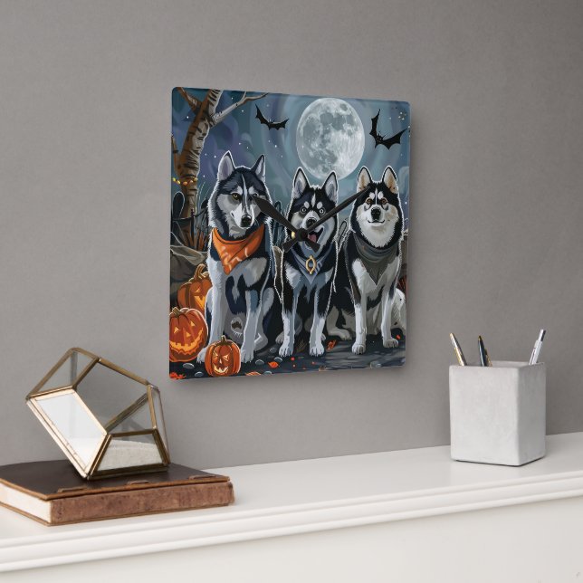 Siberian Husky Halloween Spooky  Square Wall Clock (Office)