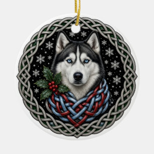 Siberian Husky Holly Celtic Christmas Ceramic Tree Decoration