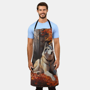 Siberian Husky in Autumn Leaves Fall Inspire Apron