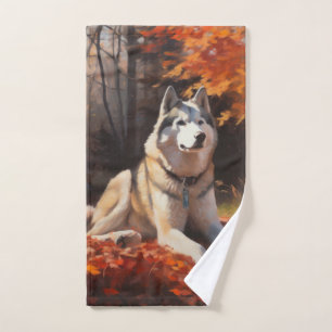 Siberian Husky in Autumn Leaves Fall Inspire  Bath Towel Set